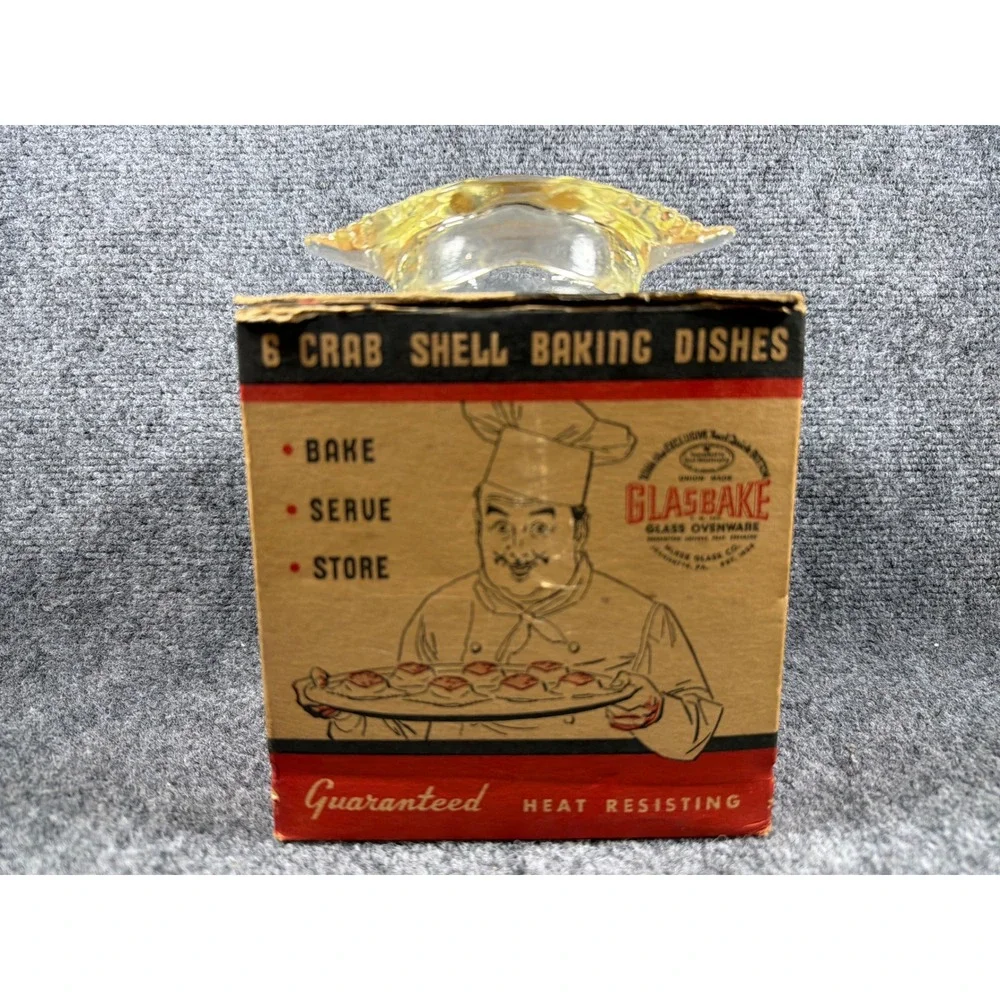 Vintage Glasbake Crab Shell Baking Dishes Set of 6 McKee Glass Co Clear Boxed